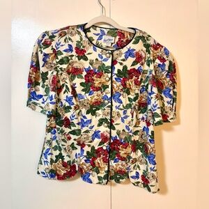 Vintage 80s Good Times Floral Scalloped Blouse - Pearl Buttons - Sz 16 EUC